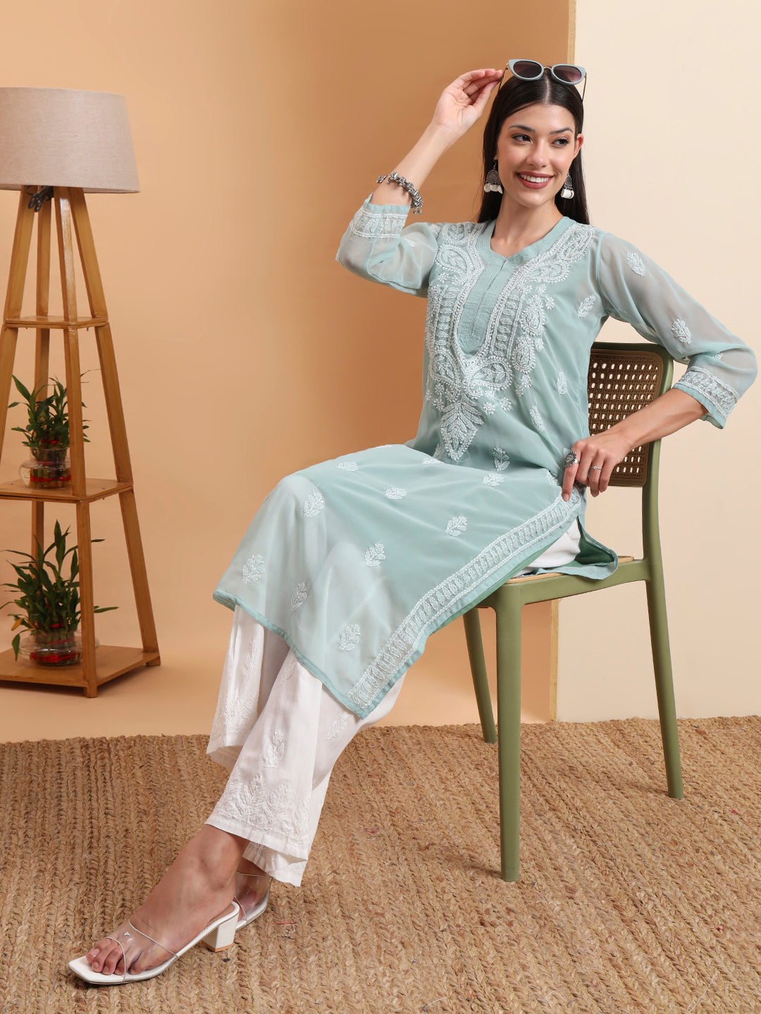 Hand Embroidered Sea Green Georgette Chikankari Kurta with White Cotton Palazzo Set