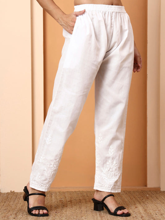 Women’s White Mulmul Cotton Palazzo Pants | Embroidered Straight Fit Bottoms | Ethnic Wear for Kurtis & Kurtas