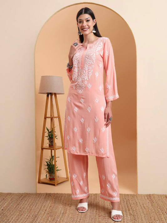 Hand Embroidered Peach Lucknowi Chikankari Rayon Kurta Set