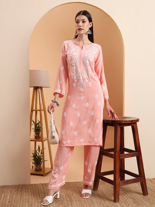 Hand Embroidered Peach Lucknowi Chikankari Rayon Kurta Set