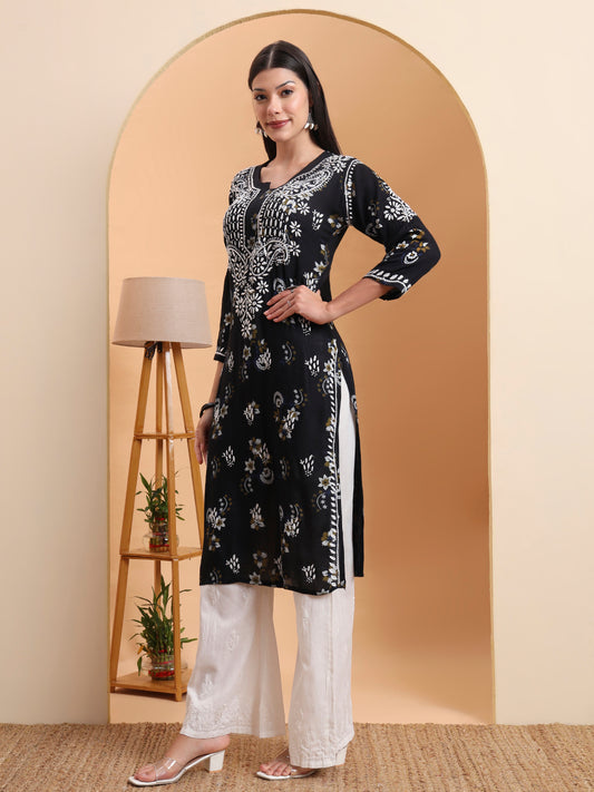 Ethnic Motifs Hand Embroidered Rayon Lucknowi Chikankari Kurta