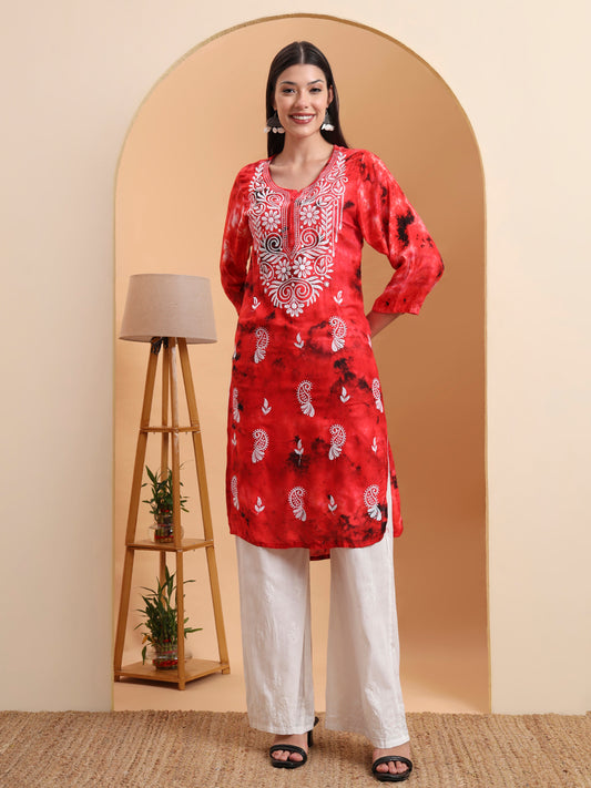 Ethnic Motifs Hand Embroidered Rayon Lucknowi Chikankari Kurta