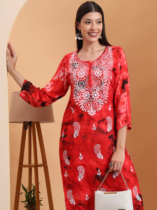 Ethnic Motifs Hand Embroidered Rayon Lucknowi Chikankari Kurta