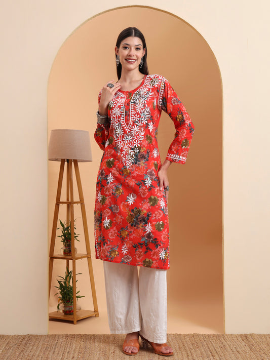 Ethnic Motifs Hand Embroidered Mulmul Cotton Lucknowi Chikankari Kurta