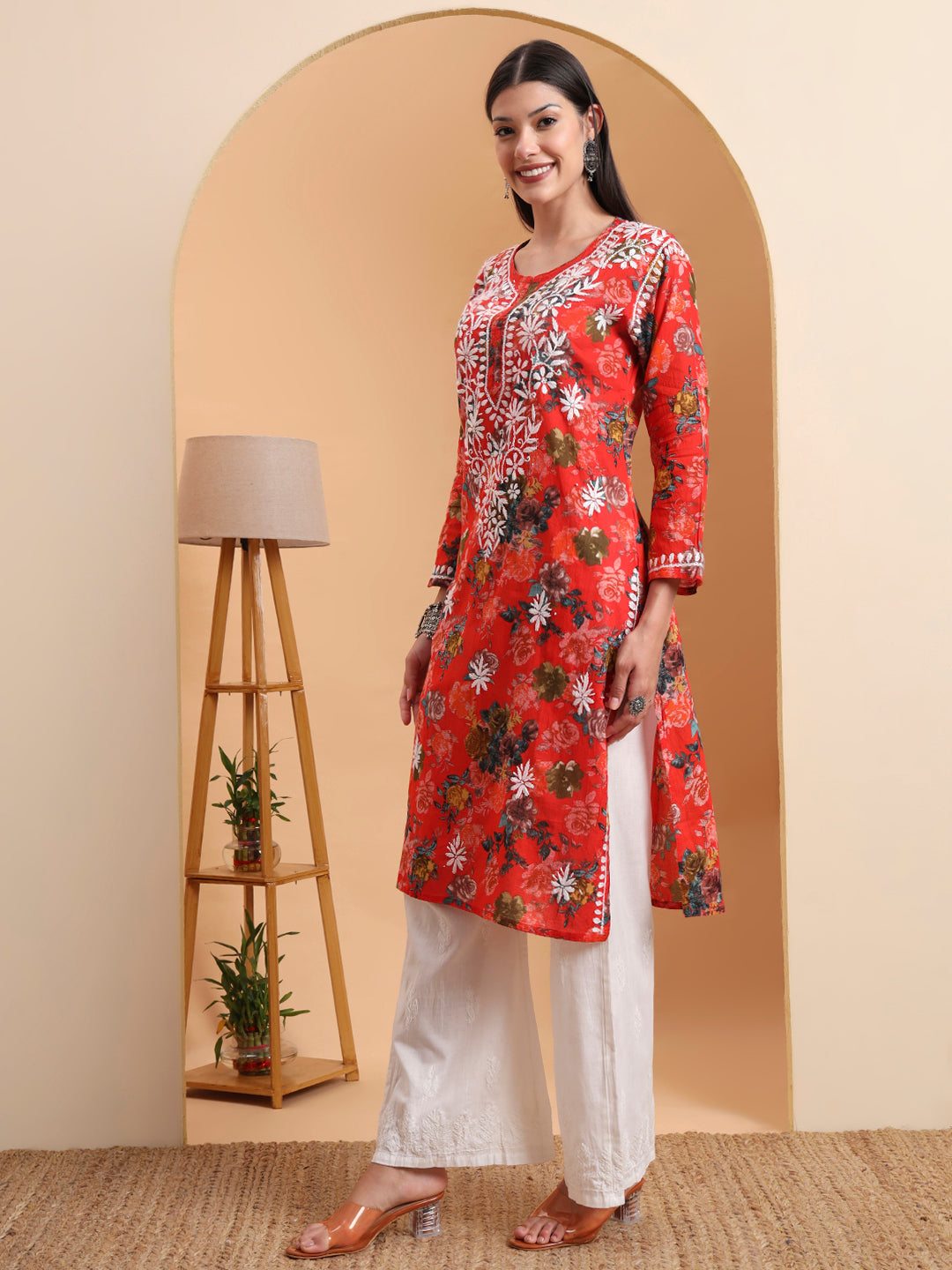Ethnic Motifs Hand Embroidered Mulmul Cotton Lucknowi Chikankari Kurta