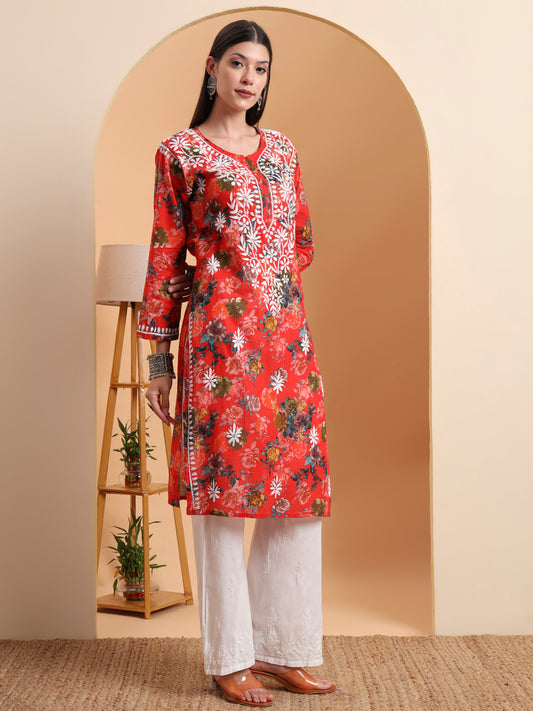 Ethnic Motifs Hand Embroidered Mulmul Cotton Lucknowi Chikankari Kurta