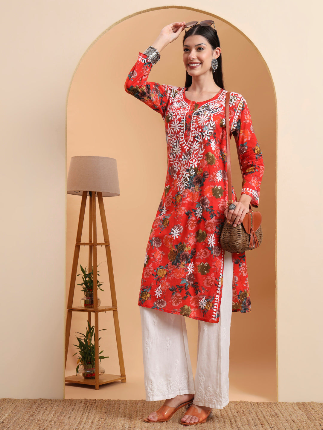 Ethnic Motifs Hand Embroidered Mulmul Cotton Lucknowi Chikankari Kurta