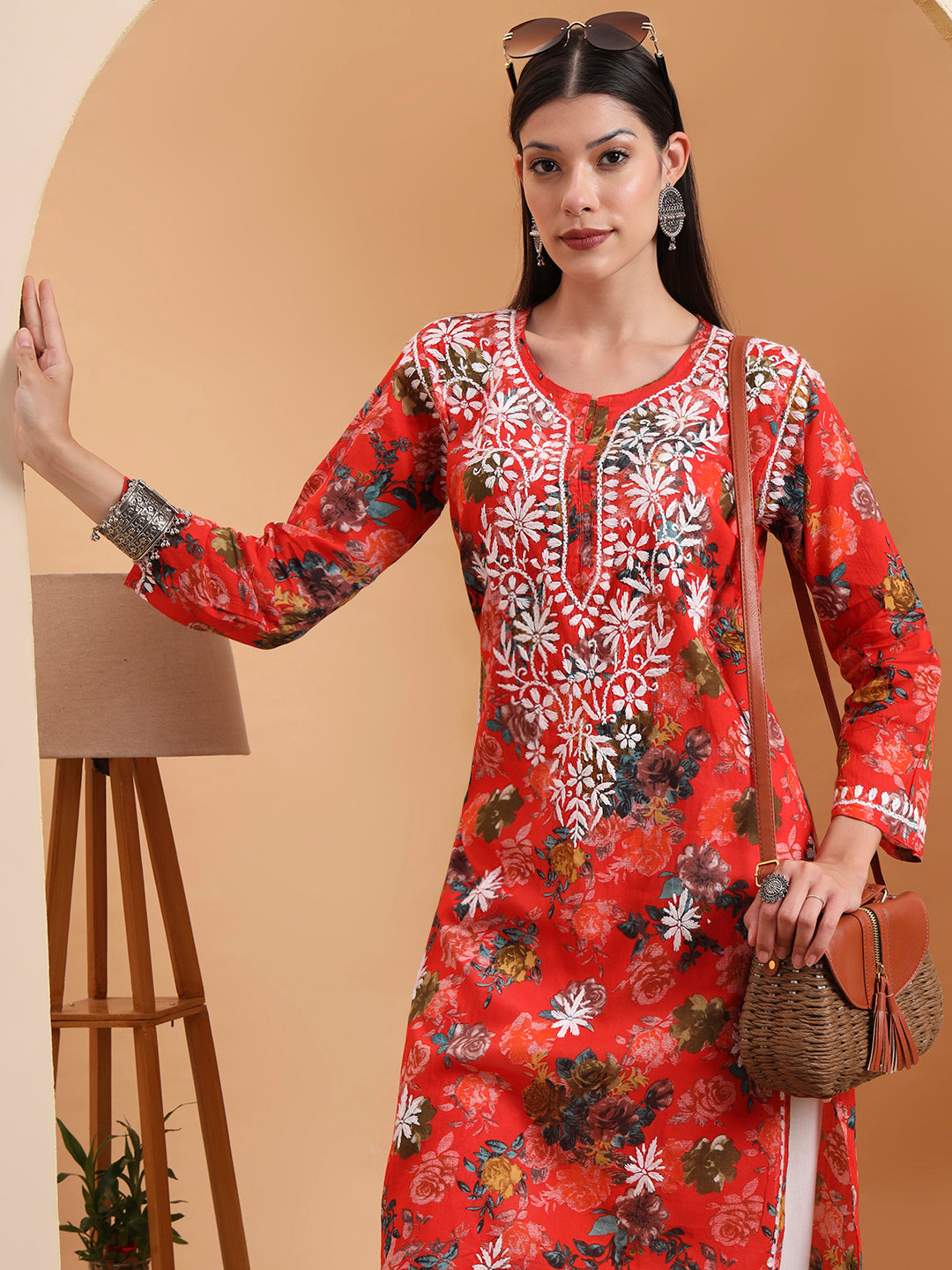 Ethnic Motifs Hand Embroidered Mulmul Cotton Lucknowi Chikankari Kurta