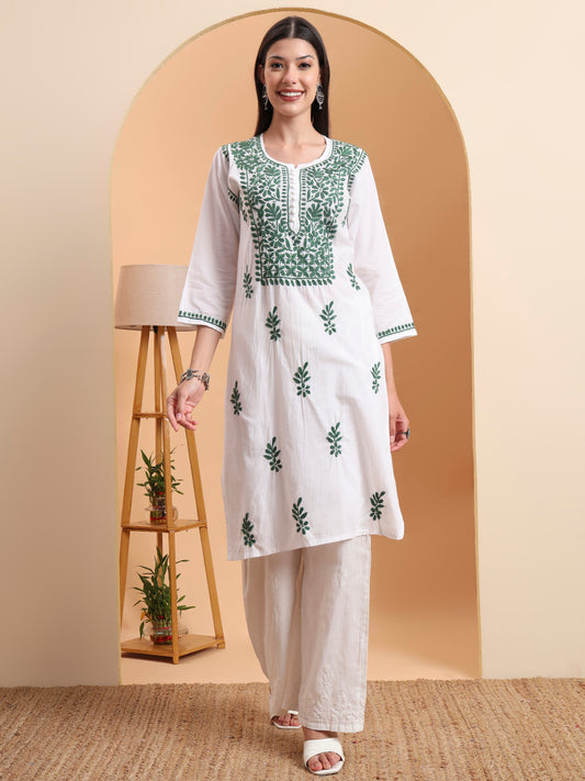 Ethnic Motifs Hand Embroidered Mulmul Lucknowi Chikankari Kurta