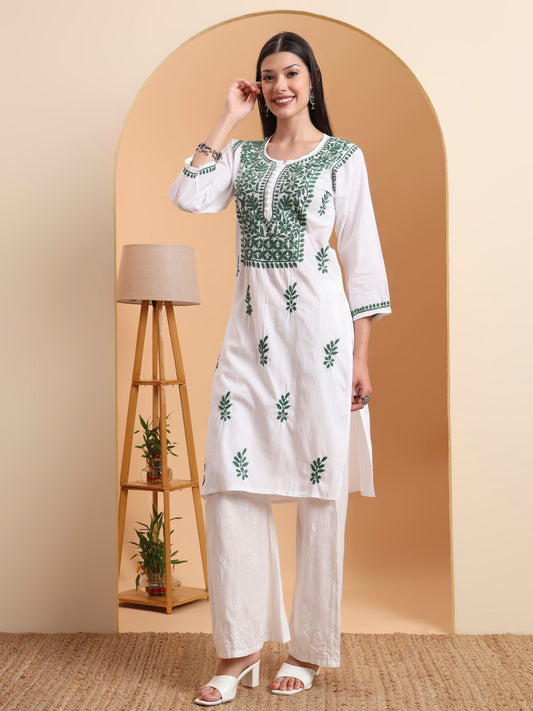 Ethnic Motifs Hand Embroidered Mulmul Lucknowi Chikankari Kurta