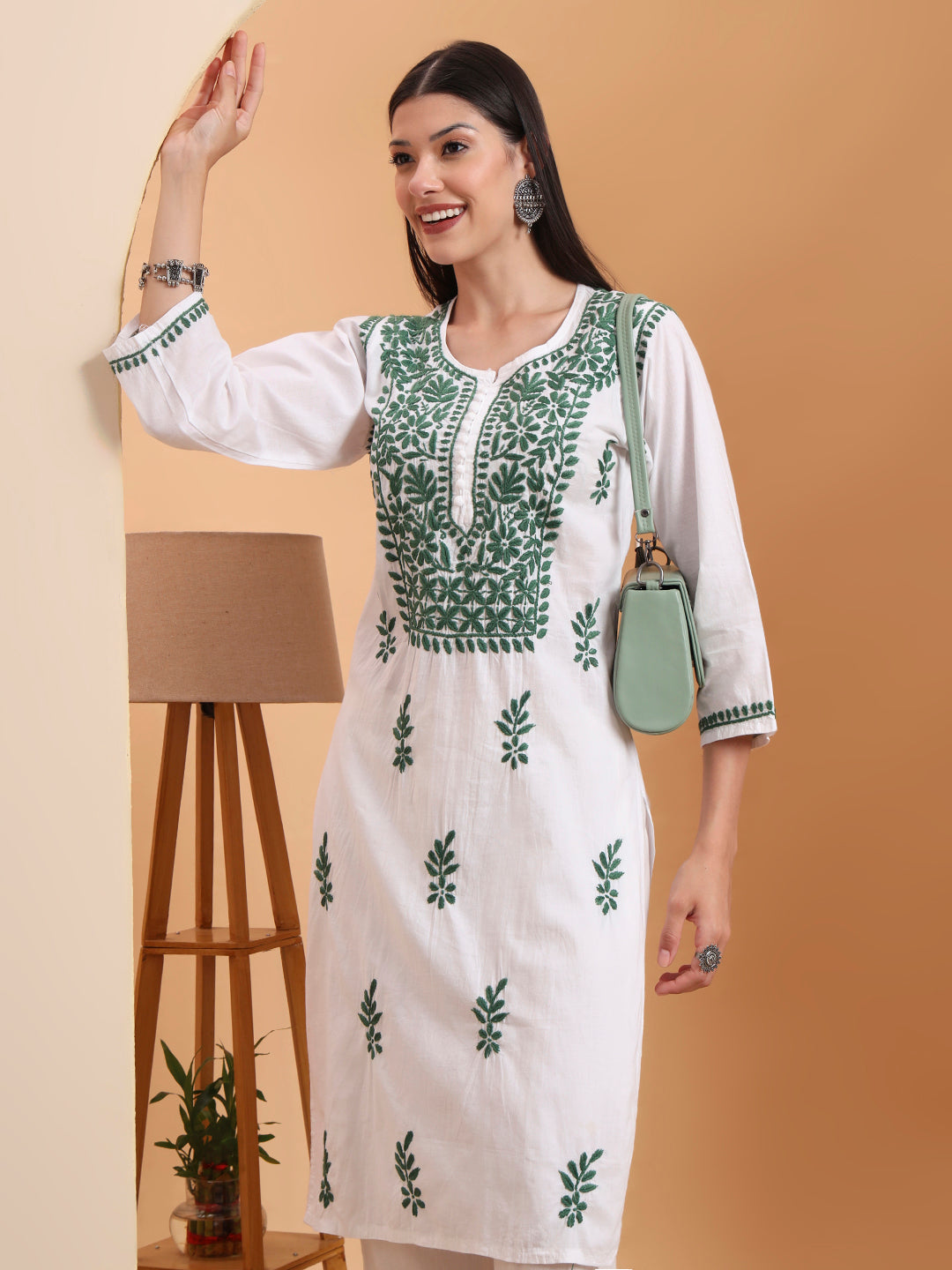 White Cotton Lucknowi Chikankari Kurta with Green Embroidery