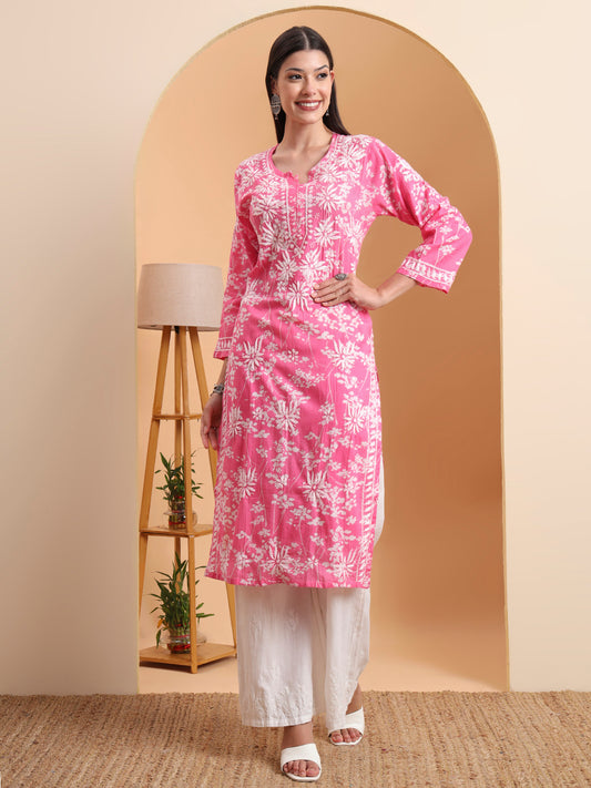 Ethnic Motifs Hand Embroidered Mulmul Lucknowi Chikankari Kurta
