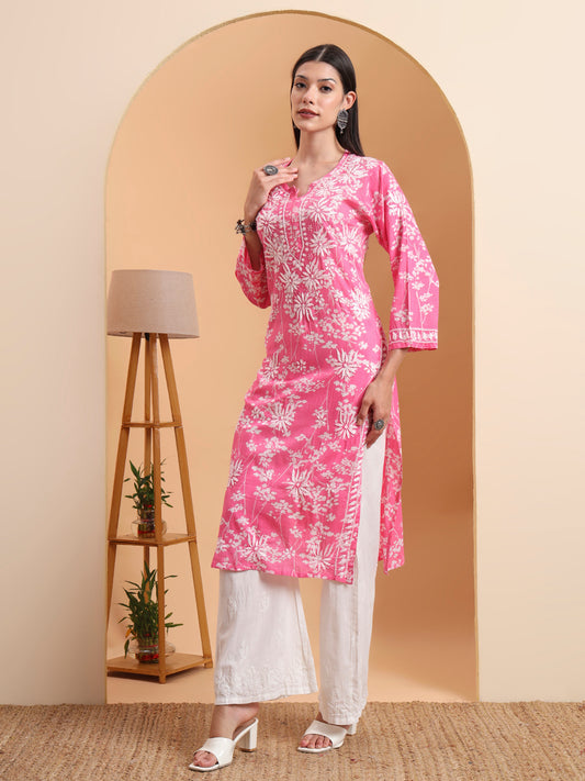 Ethnic Motifs Hand Embroidered Mulmul Lucknowi Chikankari Kurta