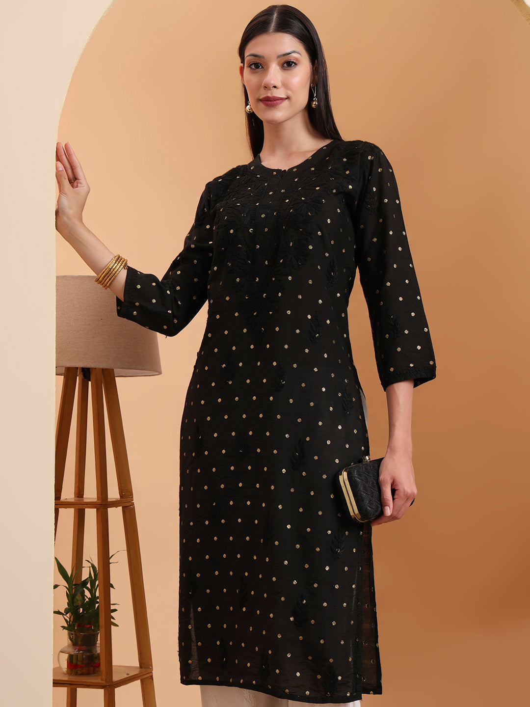 Ethnic Motifs Hand Embroidered Chanderi Lucknowi Chikankari Kurta