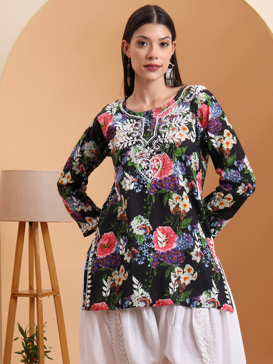 Ethnic Motifs Hand Embroidered Mulmul Lucknowi Chikankari Short Top