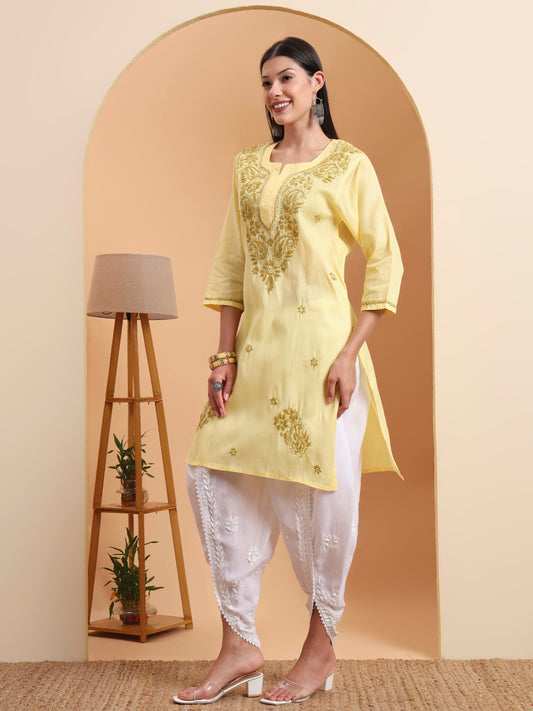 Ethnic Motifs Hand Embroidered Khadi Cotton Lucknowi Chikankari Kurta