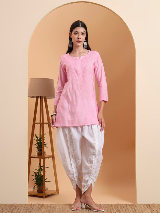 Ethnic Motifs Hand Embroidered Chanderi Lucknowi Chikankari Short Top