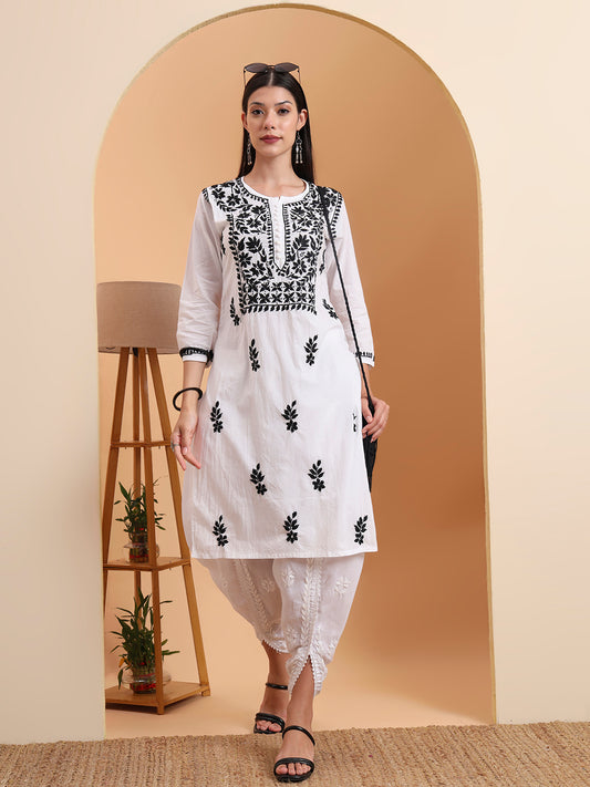 Ethnic Motifs Hand Embroidered Mulmul Lucknowi Chikankari Kurta