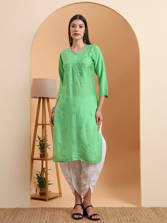 Ethnic Motifs Hand Embroidered Chanderi Lucknowi Chikankari Kurta