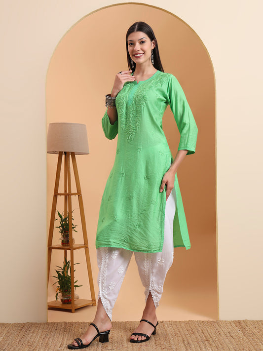 Ethnic Motifs Hand Embroidered Chanderi Lucknowi Chikankari Kurta