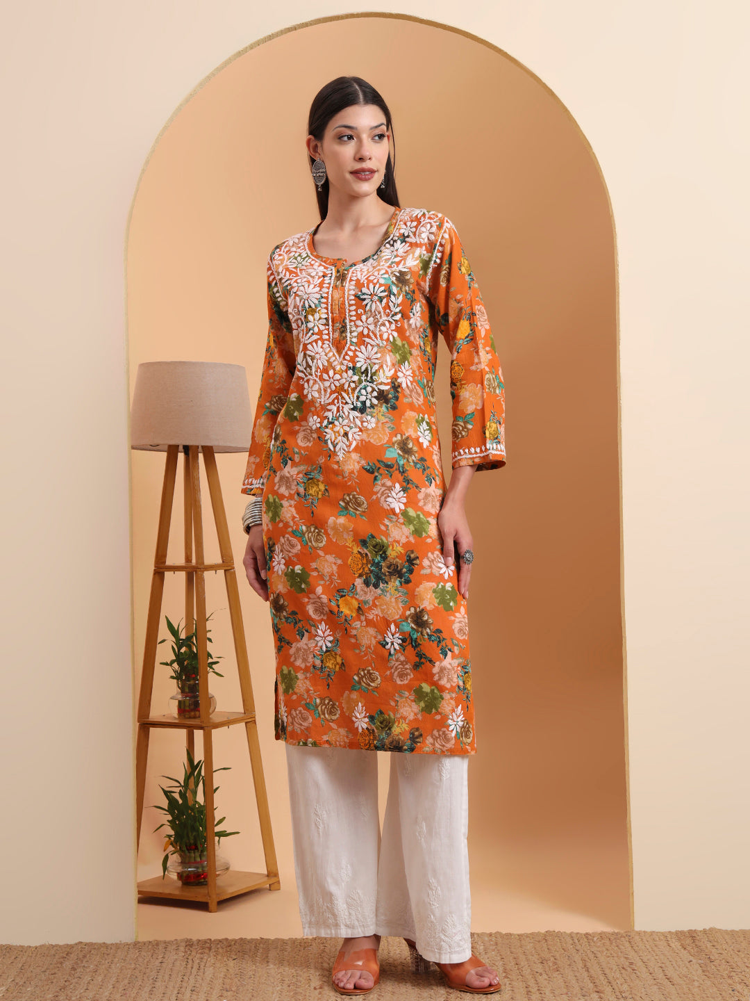 Ethnic Motifs Hand Embroidered Mulmul Cotton Lucknowi Chikankari Kurta