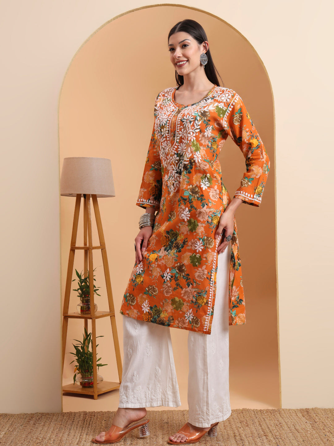 Ethnic Motifs Hand Embroidered Mulmul Cotton Lucknowi Chikankari Kurta