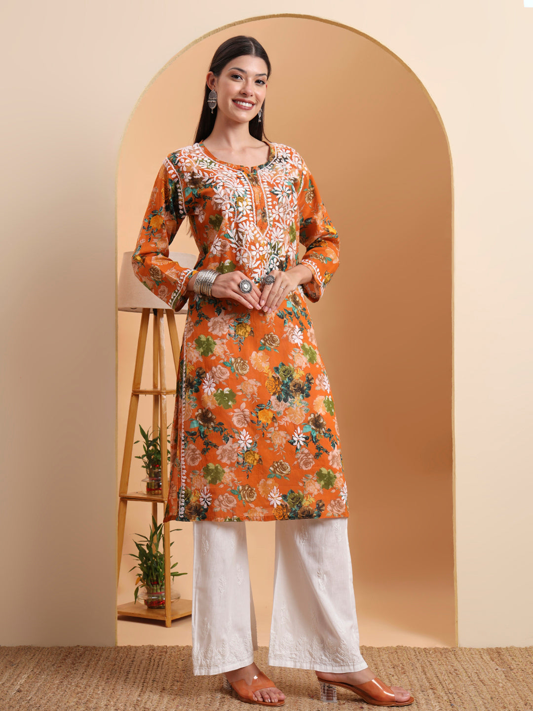 Ethnic Motifs Hand Embroidered Mulmul Cotton Lucknowi Chikankari Kurta