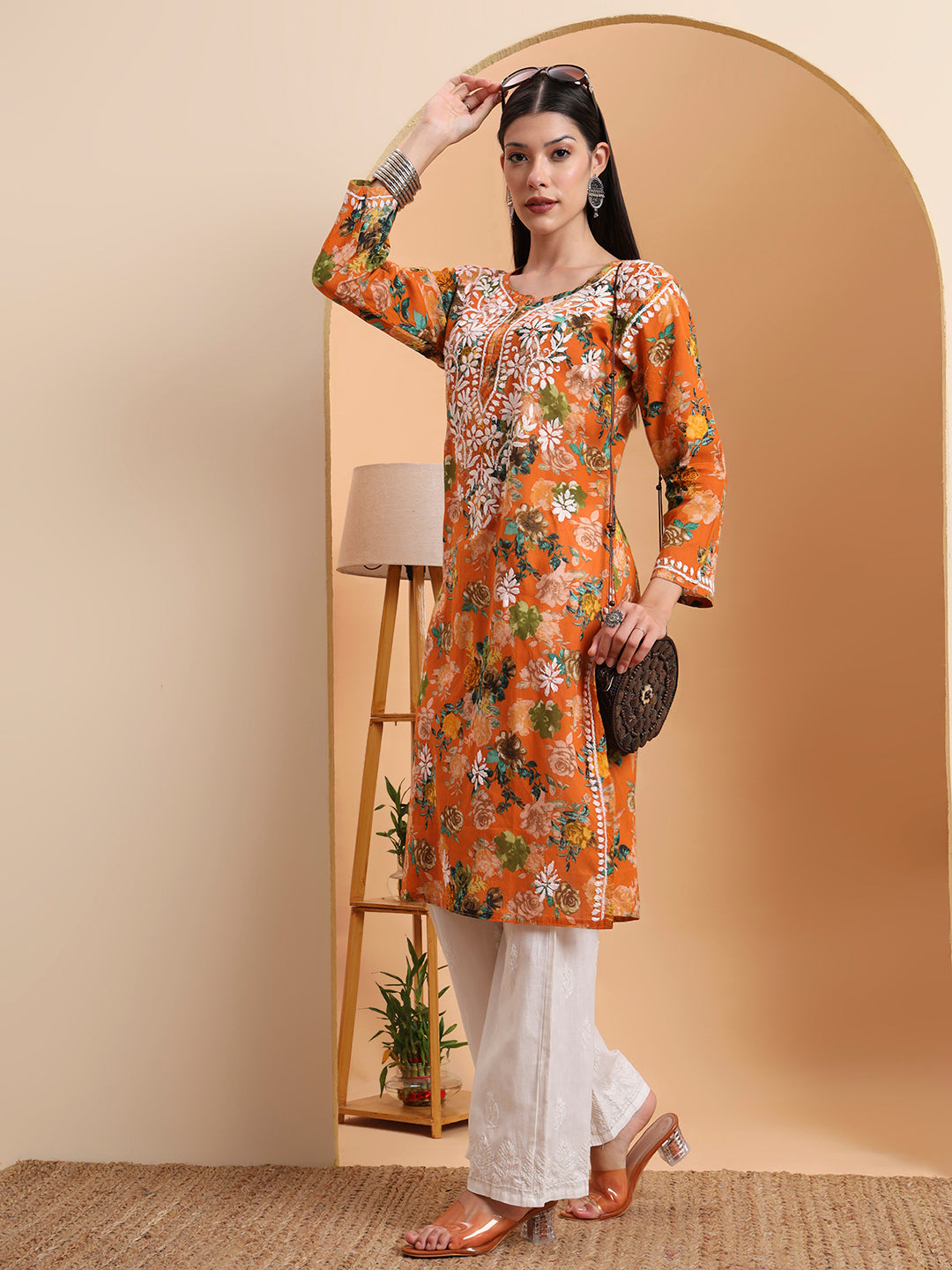 Ethnic Motifs Hand Embroidered Mulmul Cotton Lucknowi Chikankari Kurta