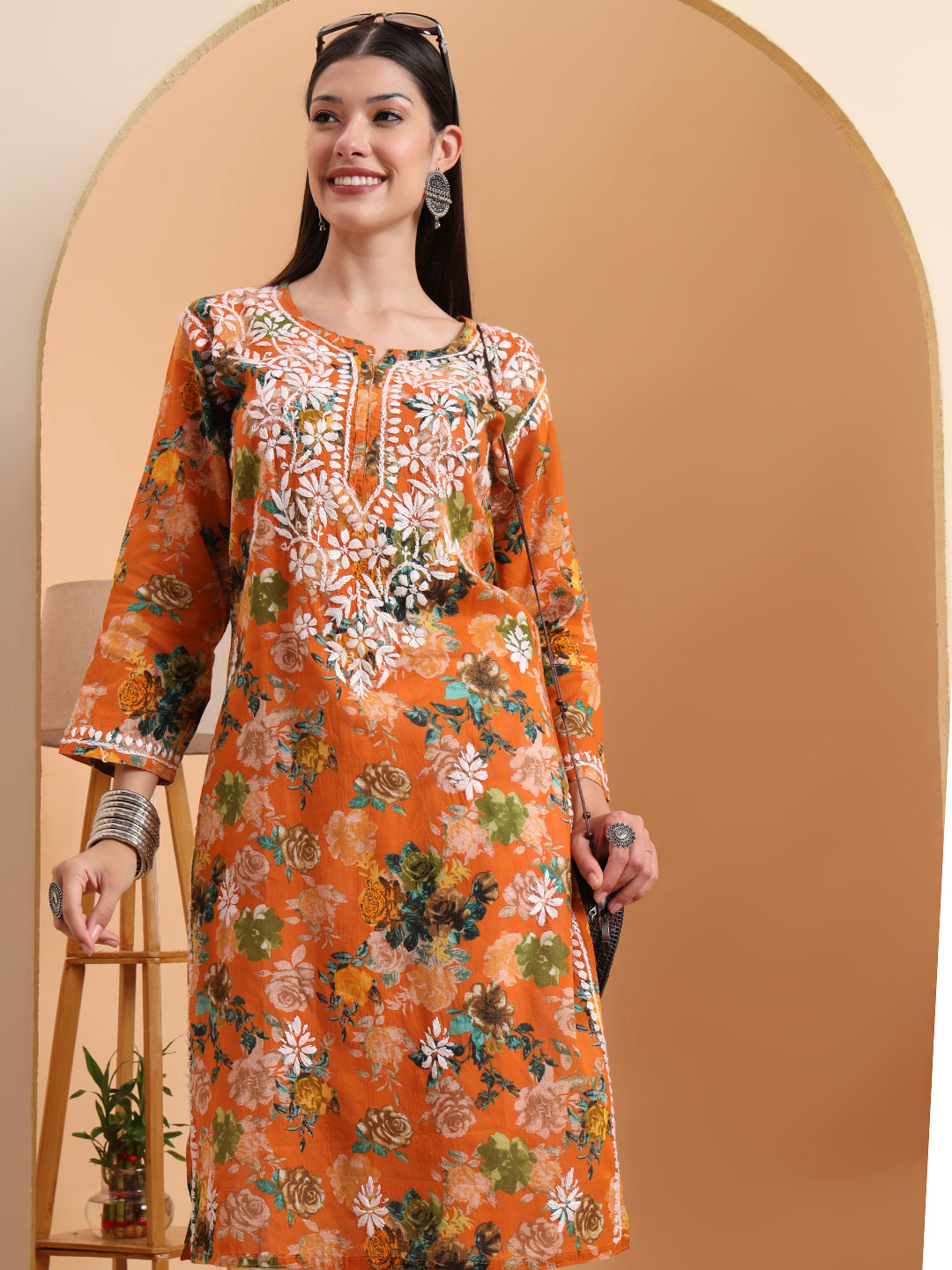 Ethnic Motifs Hand Embroidered Mulmul Cotton Lucknowi Chikankari Kurta