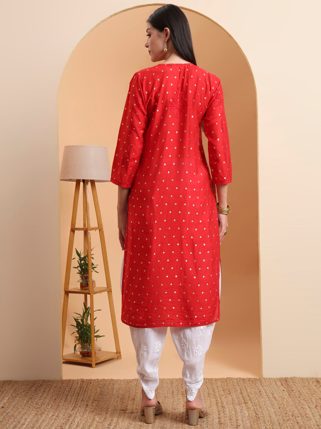 Ethnic Motifs Hand Embroidered Chanderi Lucknowi Chikankari Kurta