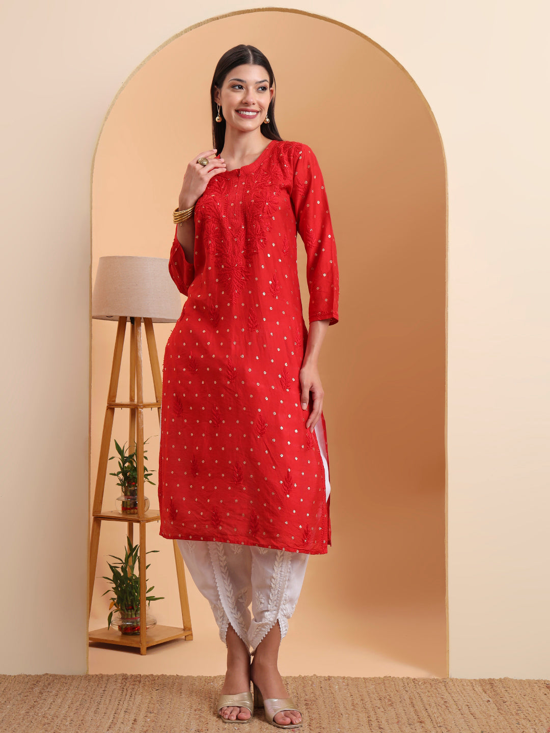 Ethnic Motifs Hand Embroidered Chanderi Lucknowi Chikankari Kurta