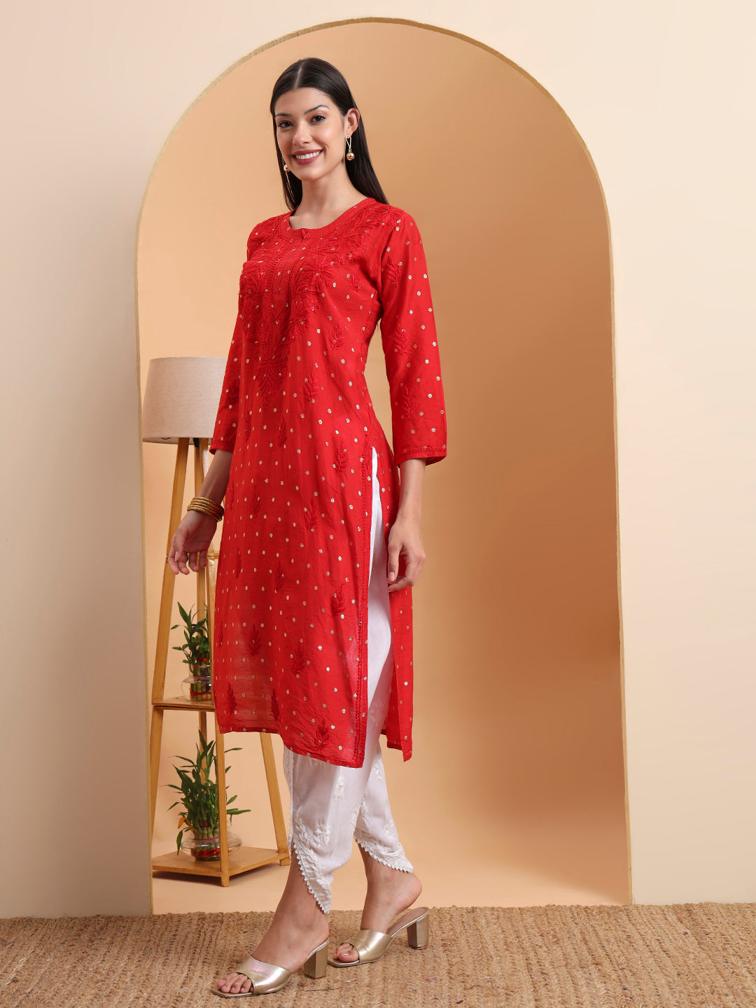 Ethnic Motifs Hand Embroidered Chanderi Lucknowi Chikankari Kurta