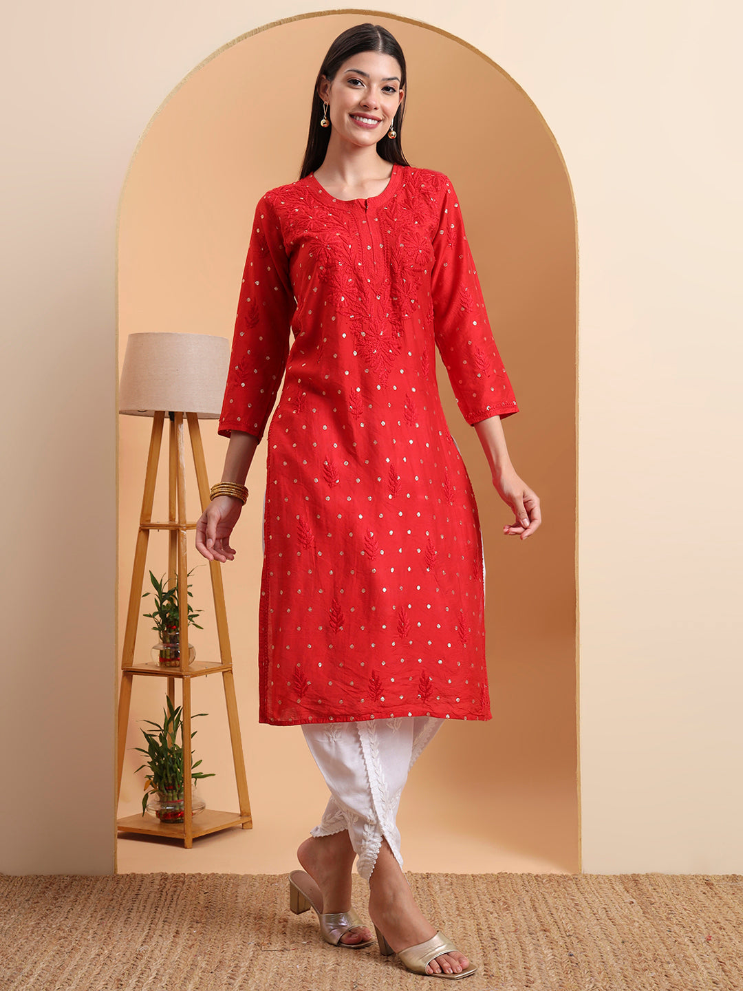 Ethnic Motifs Hand Embroidered Chanderi Lucknowi Chikankari Kurta