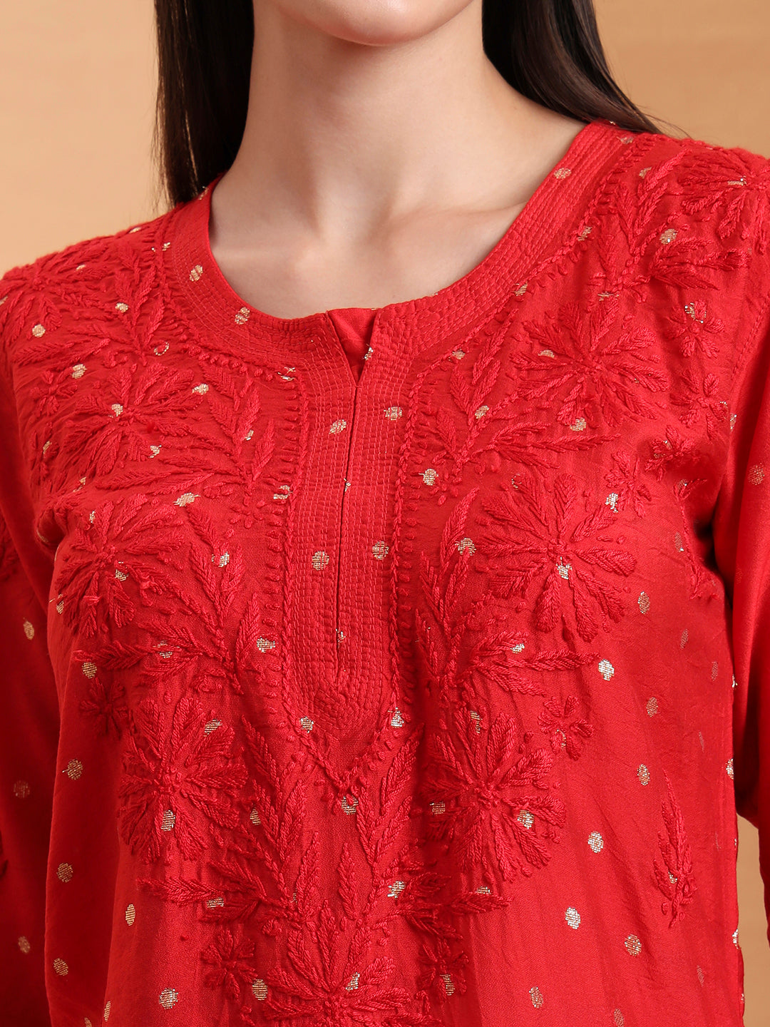Ethnic Motifs Hand Embroidered Chanderi Lucknowi Chikankari Kurta