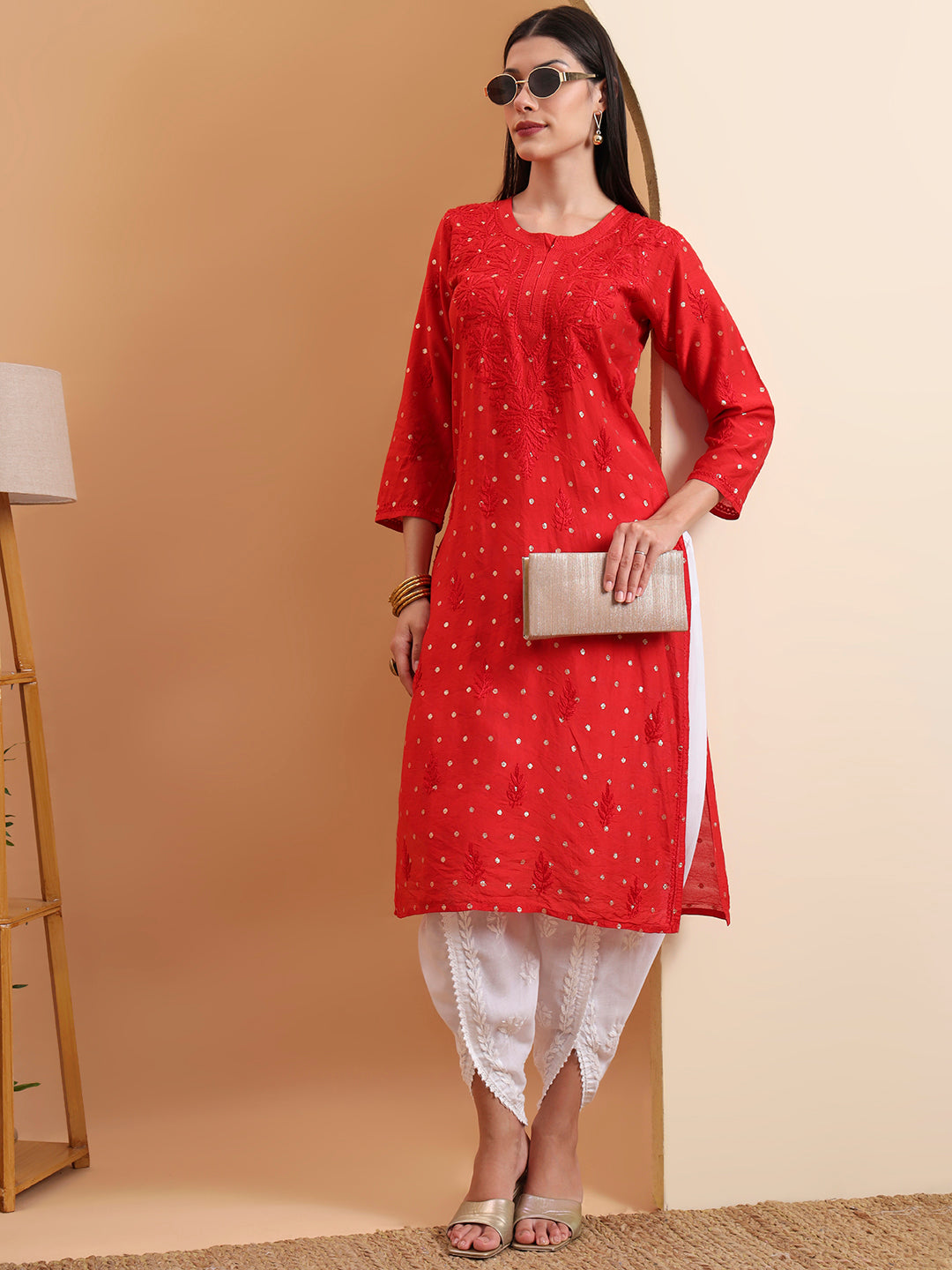 Ethnic Motifs Hand Embroidered Chanderi Lucknowi Chikankari Kurta