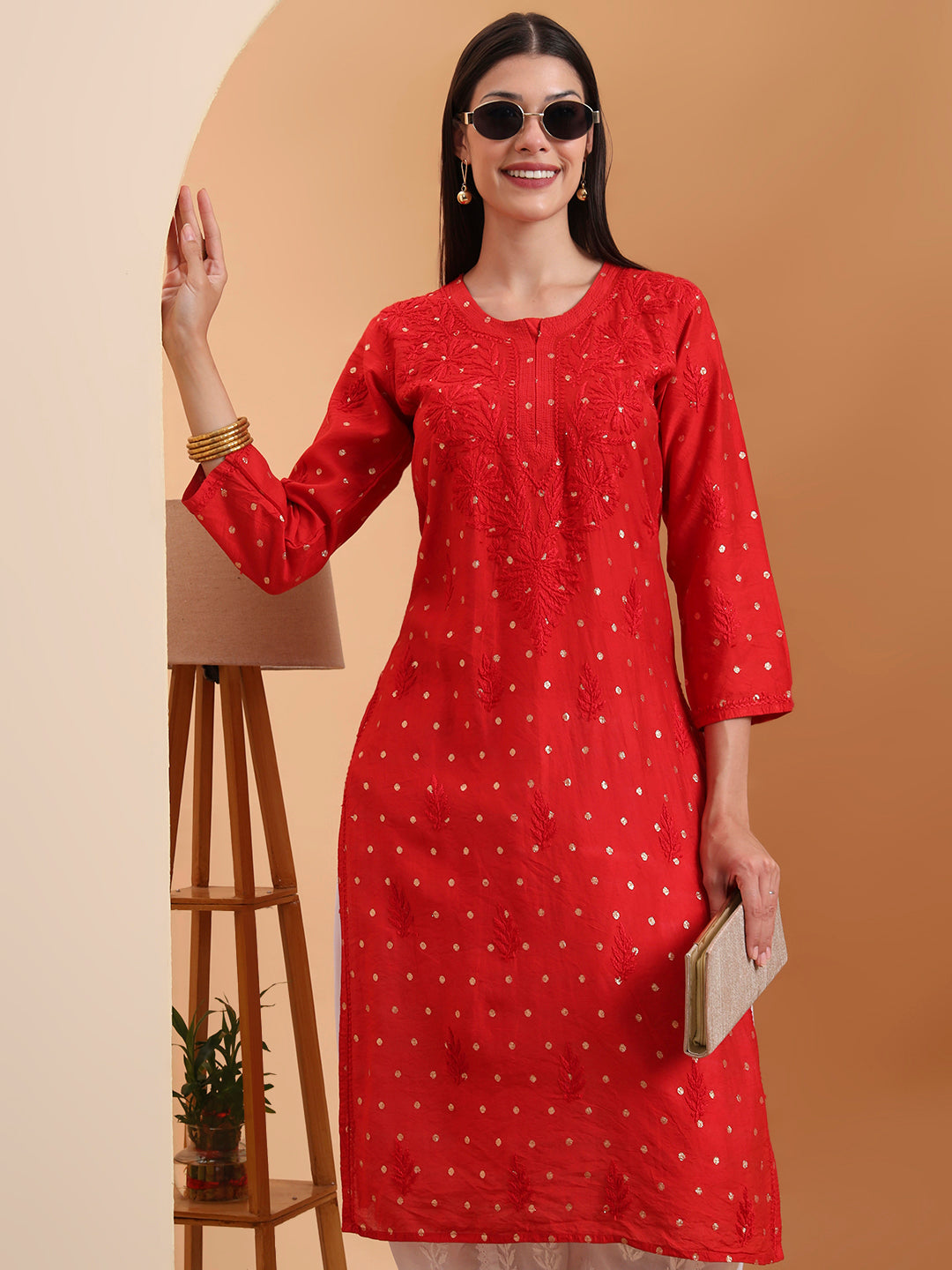Ethnic Motifs Hand Embroidered Chanderi Lucknowi Chikankari Kurta