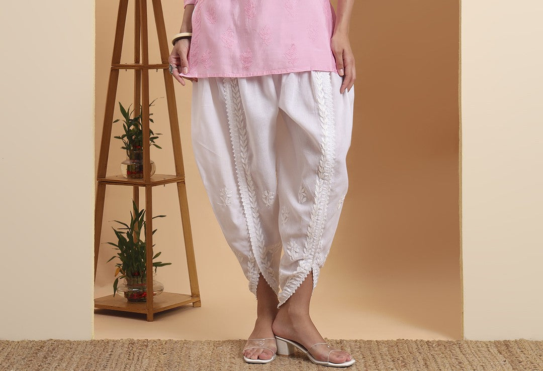 Elenora Women's White Cotton Chikankari Embroidered Dhoti Pants – Ethnic Bottom Wear