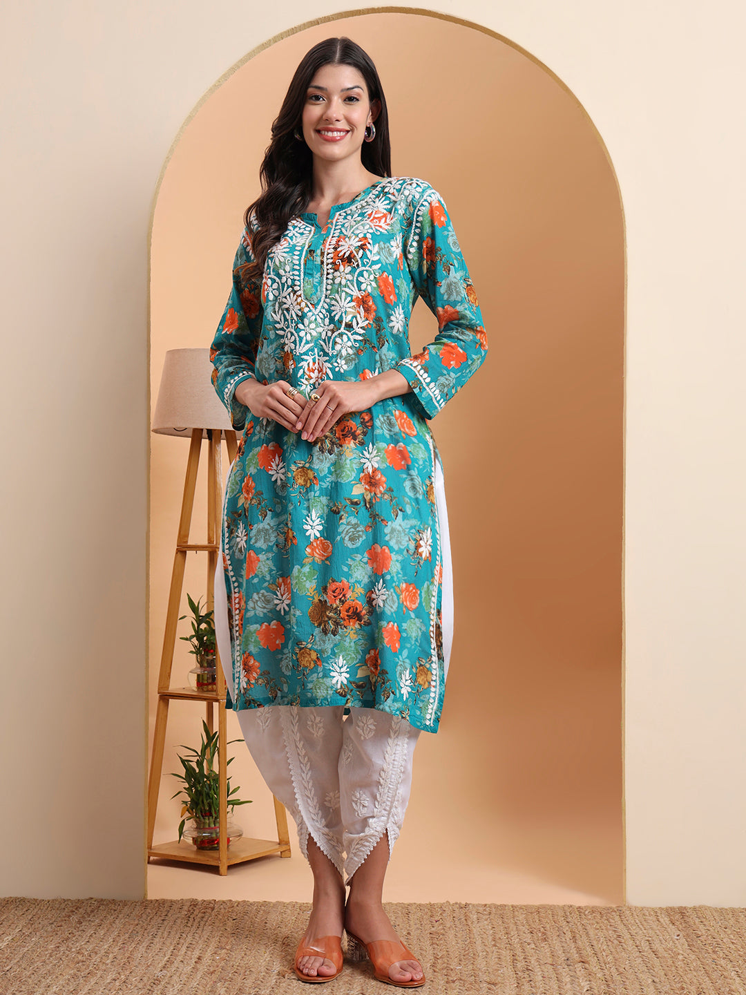 Ethnic Motifs Hand Embroidered Mulmul Cotton Lucknowi Chikankari Kurta