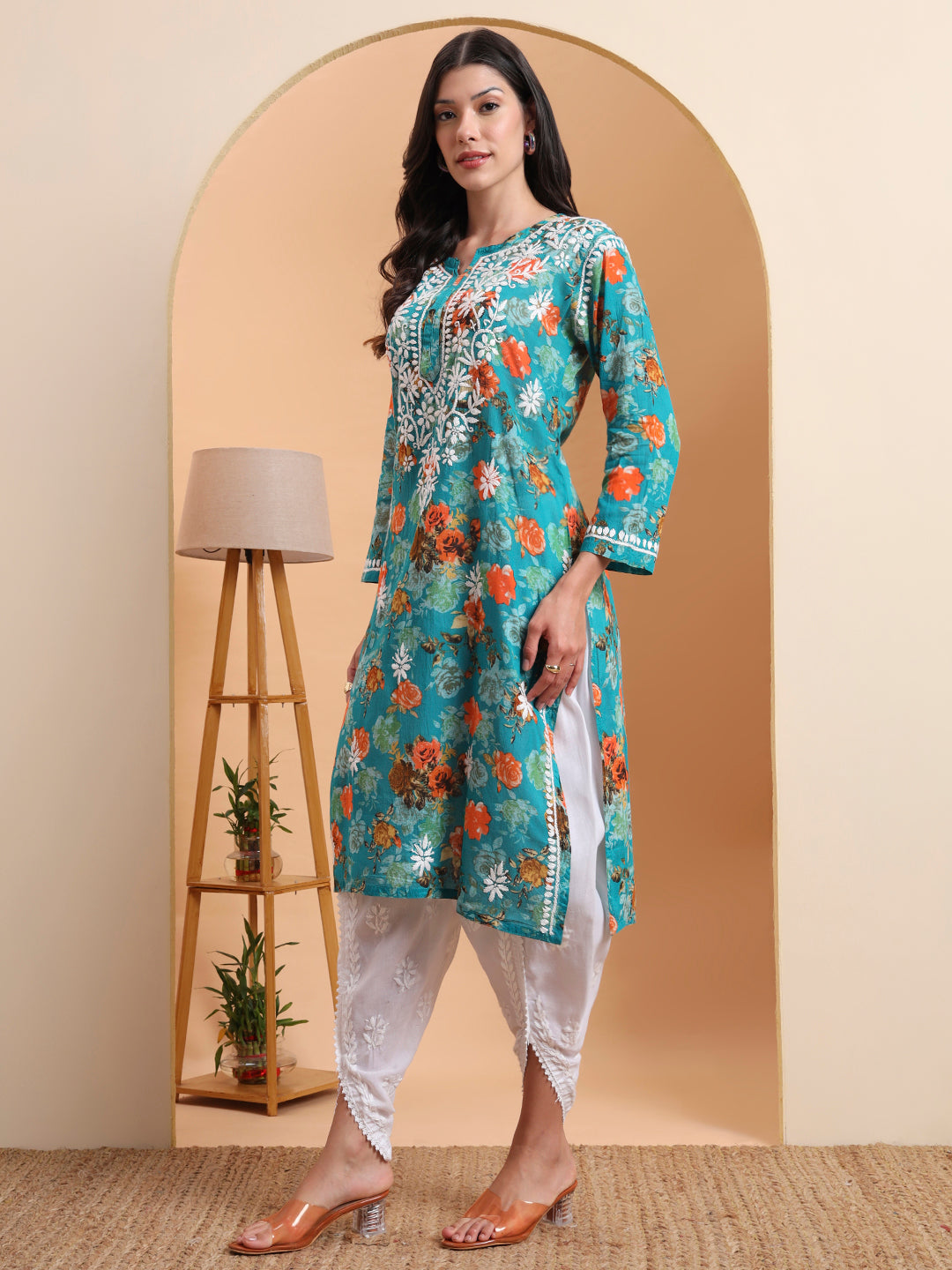 Ethnic Motifs Hand Embroidered Mulmul Cotton Lucknowi Chikankari Kurta
