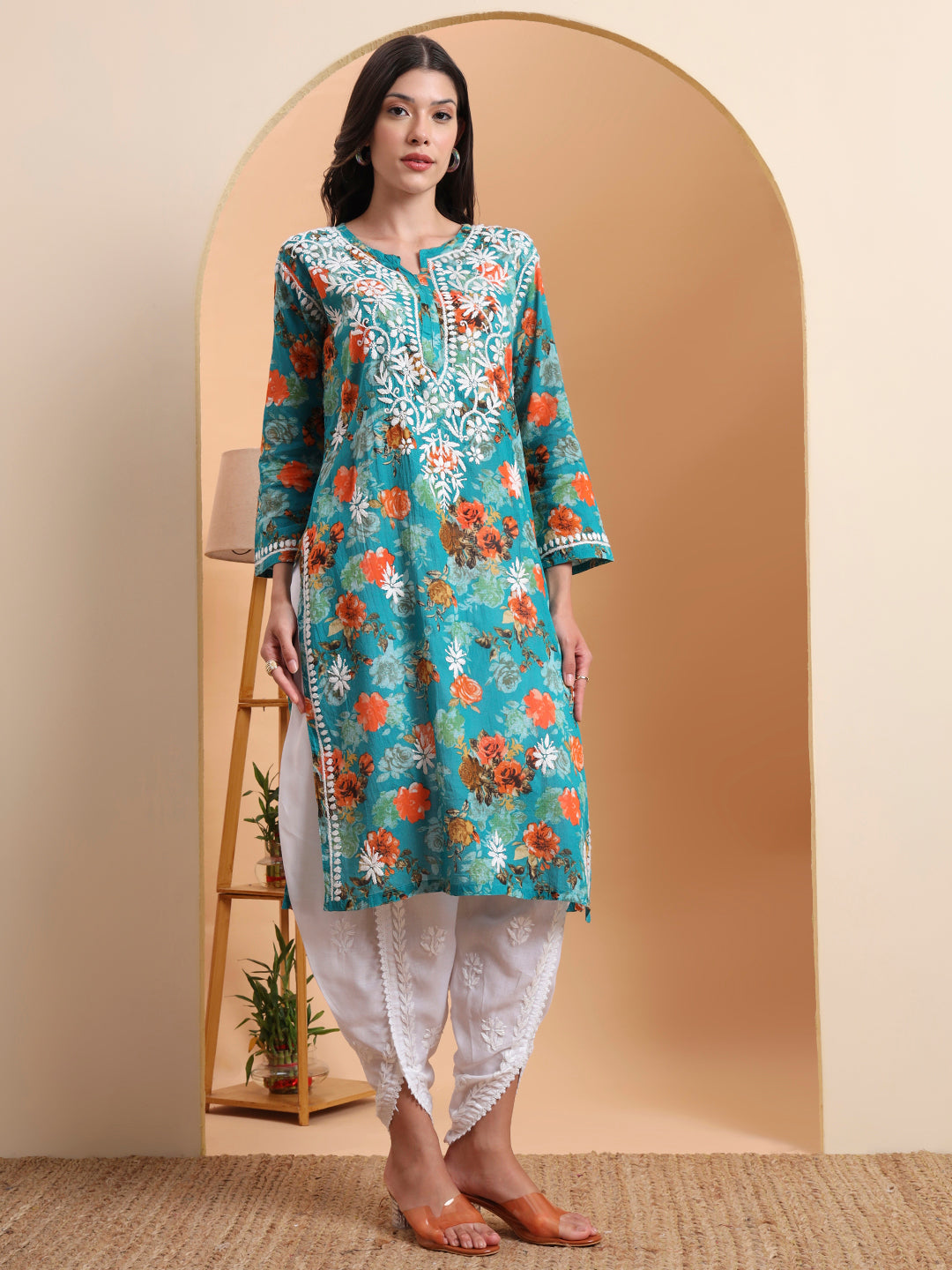 Ethnic Motifs Hand Embroidered Mulmul Cotton Lucknowi Chikankari Kurta