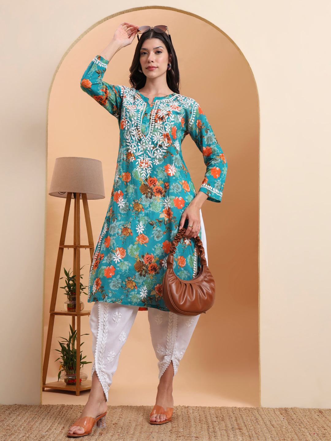 Ethnic Motifs Hand Embroidered Mulmul Cotton Lucknowi Chikankari Kurta