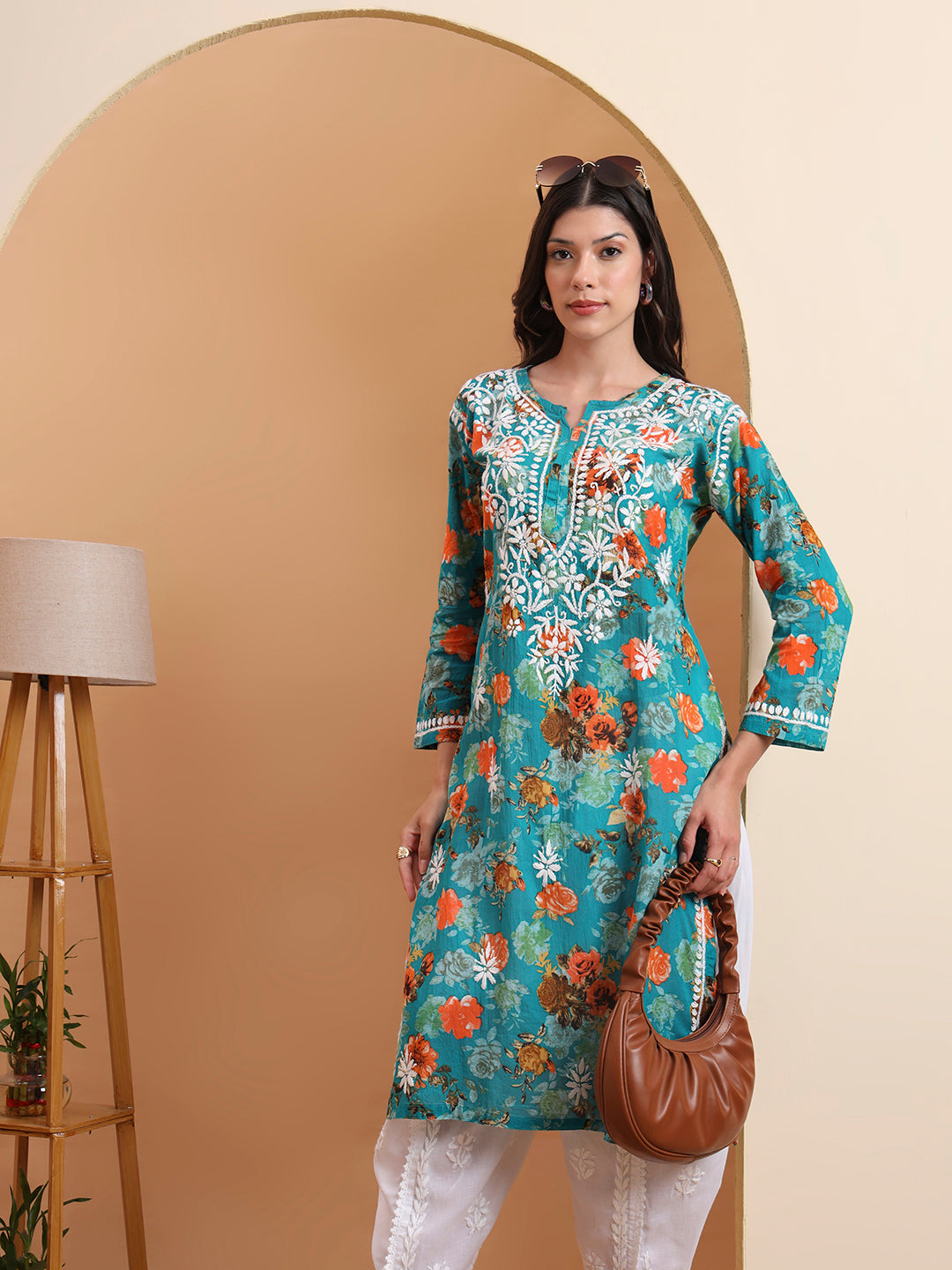 Ethnic Motifs Hand Embroidered Mulmul Cotton Lucknowi Chikankari Kurta