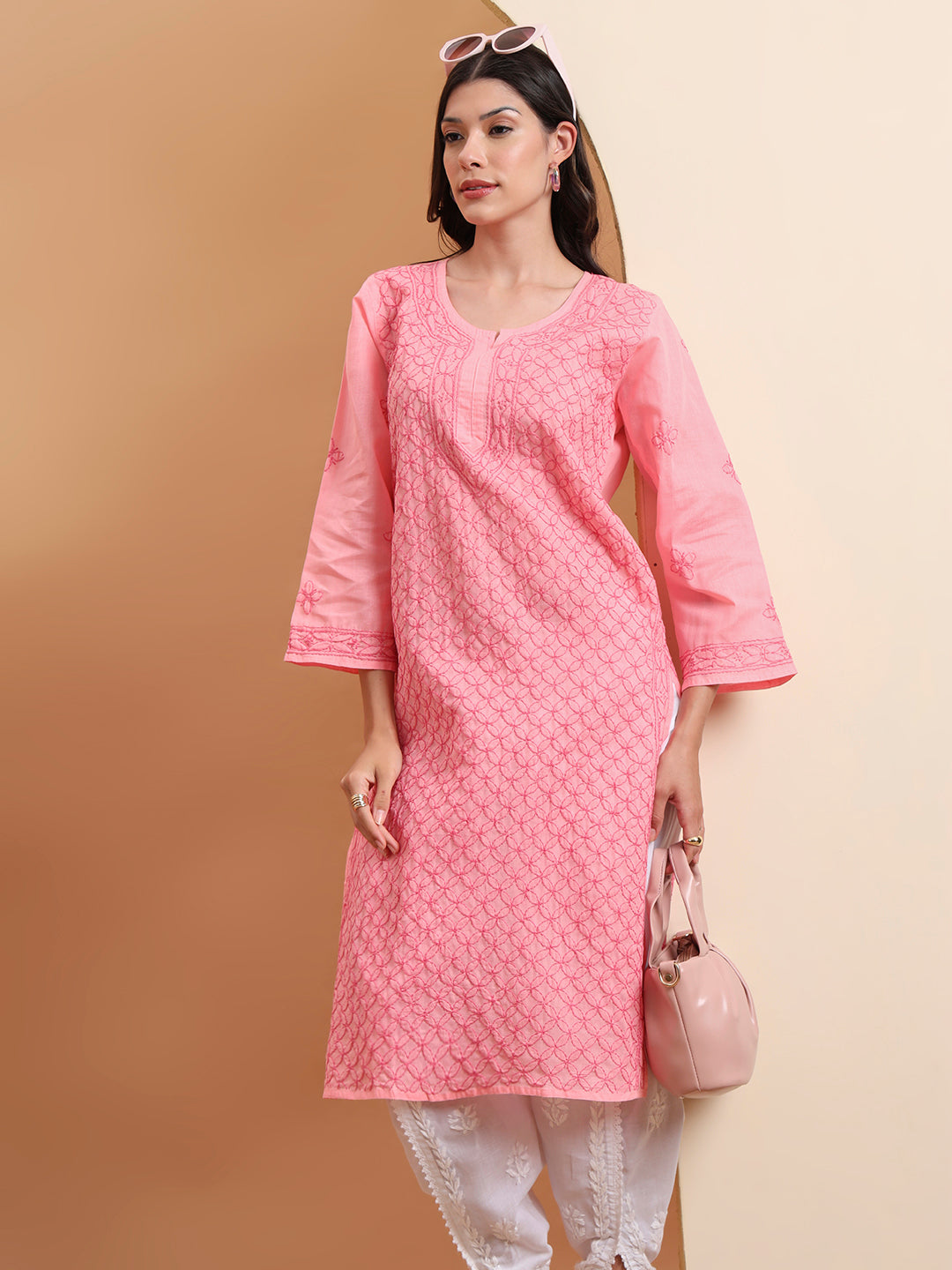 Ethnic Motifs Voil Cotton Straight Hand Embroidered Lucknowi Chikankari Kurta- Soft Pink