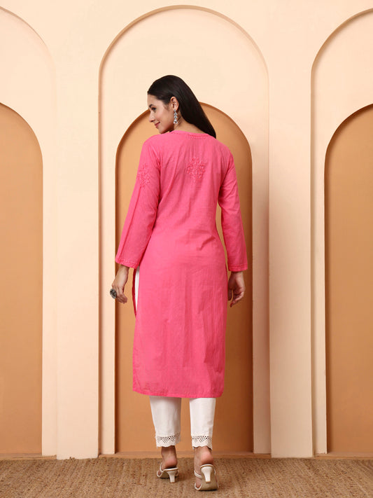 Women’s Pink Cotton Embroidered Kurti | Handcrafted Chikankari-Style Straight Kurta | Daily Wear & Office Wear Ethnic Outfit