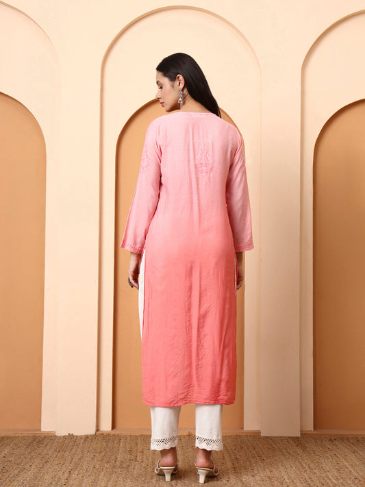 Women’s Peach Chanderi Embroidered Kurti | Festive Wear Straight Kurta | Lightweight Ethnic Wear for Parties & Special Occasions