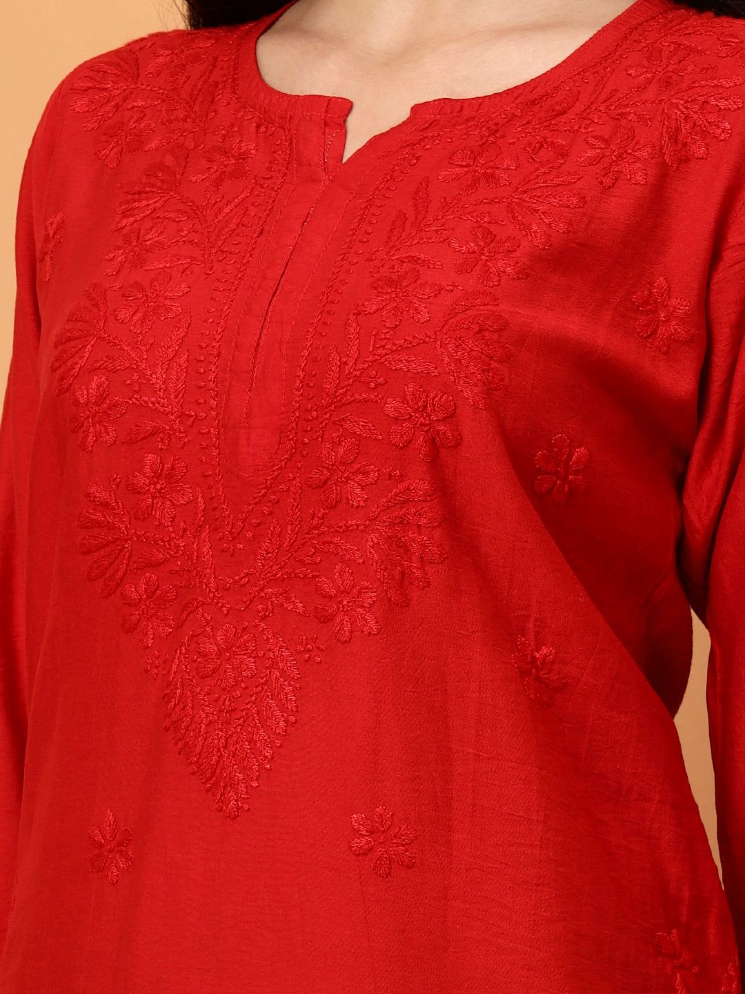 Red Chanderi Chikankari Kurti for Women | Hand Embroidered Straight Kurta | Elenora Ethnic Wear