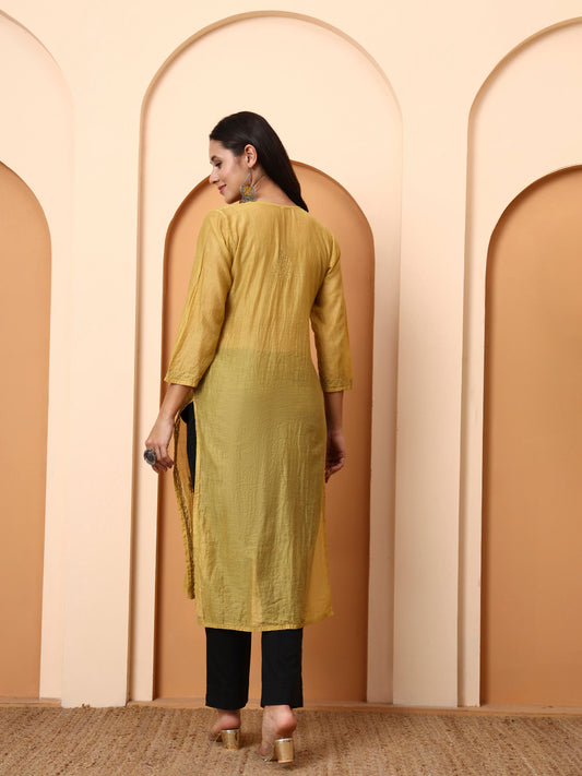 Mustard Yellow Chanderi Chikankari Kurti for Women | Hand Embroidered Straight Kurta | Elenora