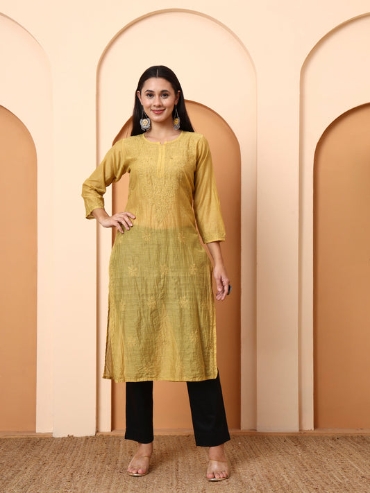 Mustard Yellow Chanderi Chikankari Kurti for Women | Hand Embroidered Straight Kurta | Elenora