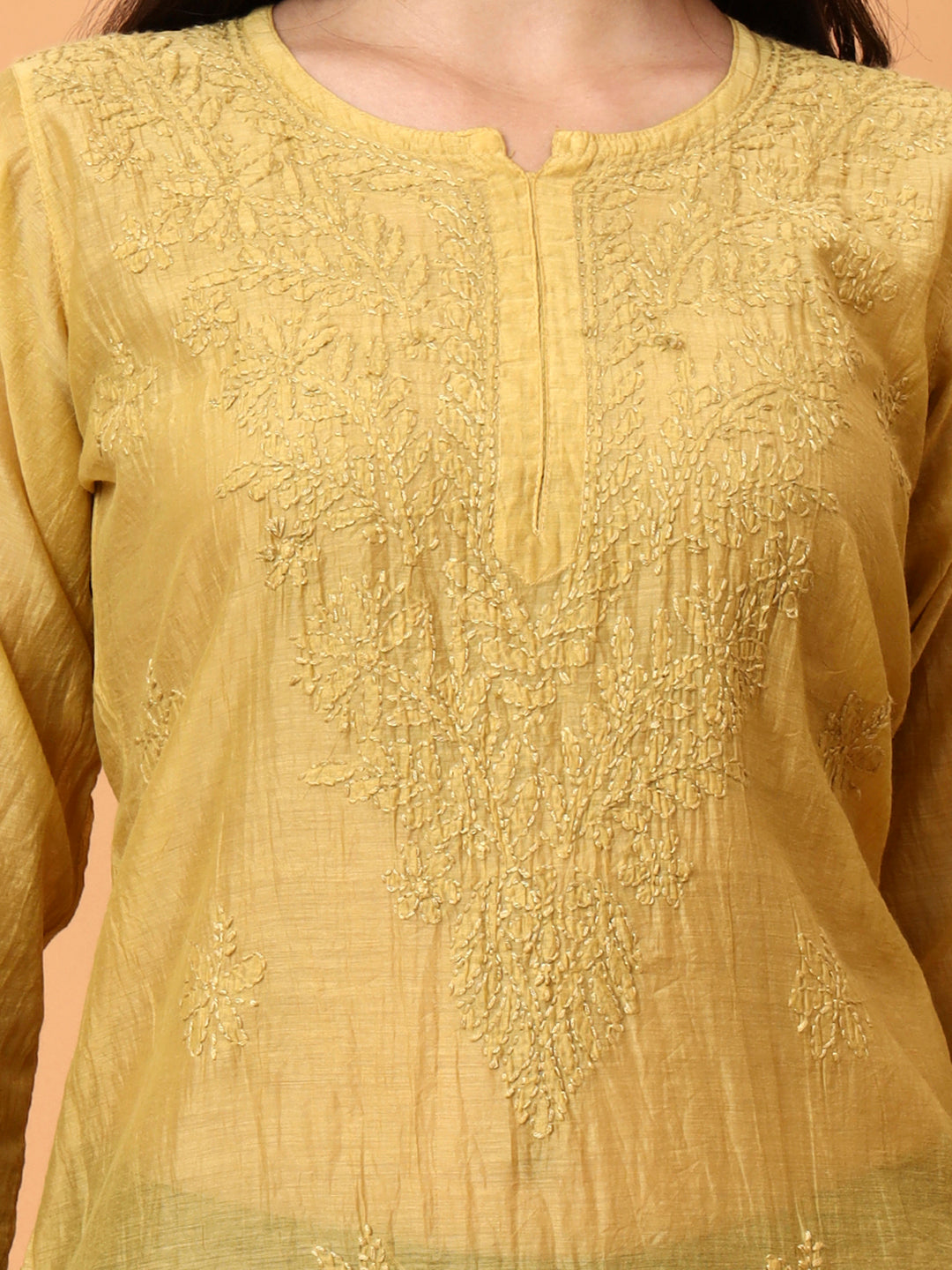 Mustard Yellow Chanderi Chikankari Kurti for Women | Hand Embroidered Straight Kurta | Elenora