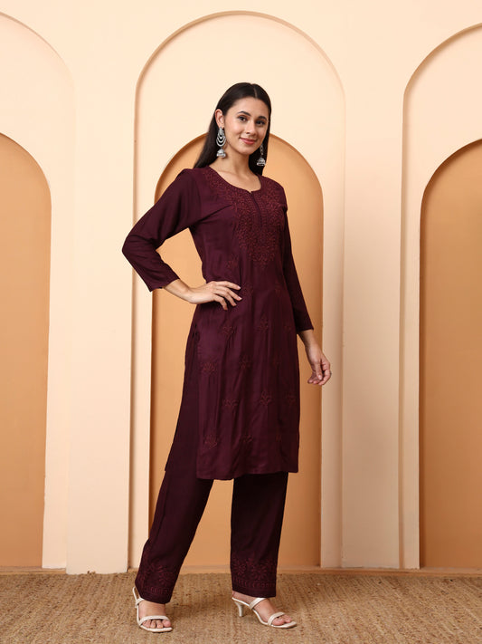 Elenora Women Wine Chikankari Rayon Kurta Set with Embroidered Pants